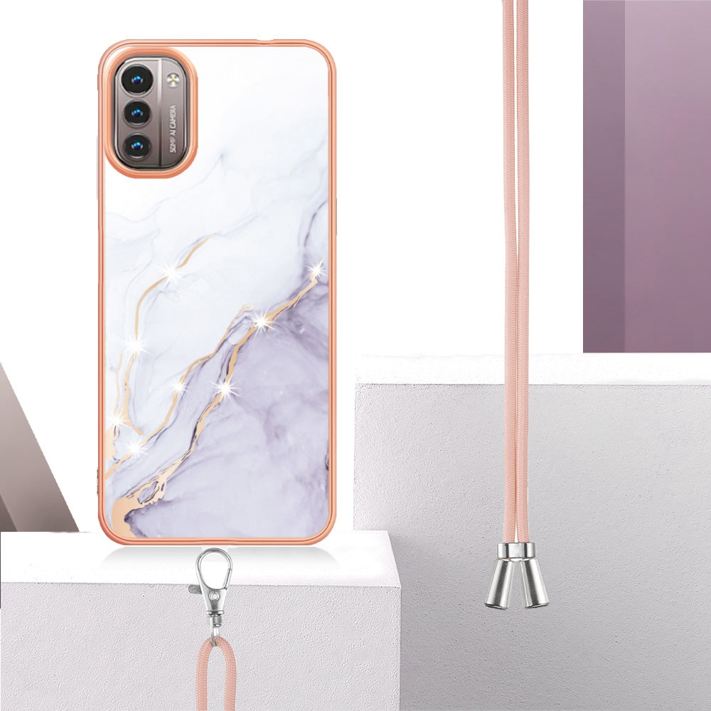YB IMD Series-9 for Nokia G21/G11 IMD Marble Pattern TPU Case Electroplating Frame Mobile Phone Cover with Lanyard
