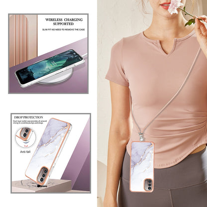 YB IMD Series-9 for Nokia G21/G11 IMD Marble Pattern TPU Case Electroplating Frame Mobile Phone Cover with Lanyard