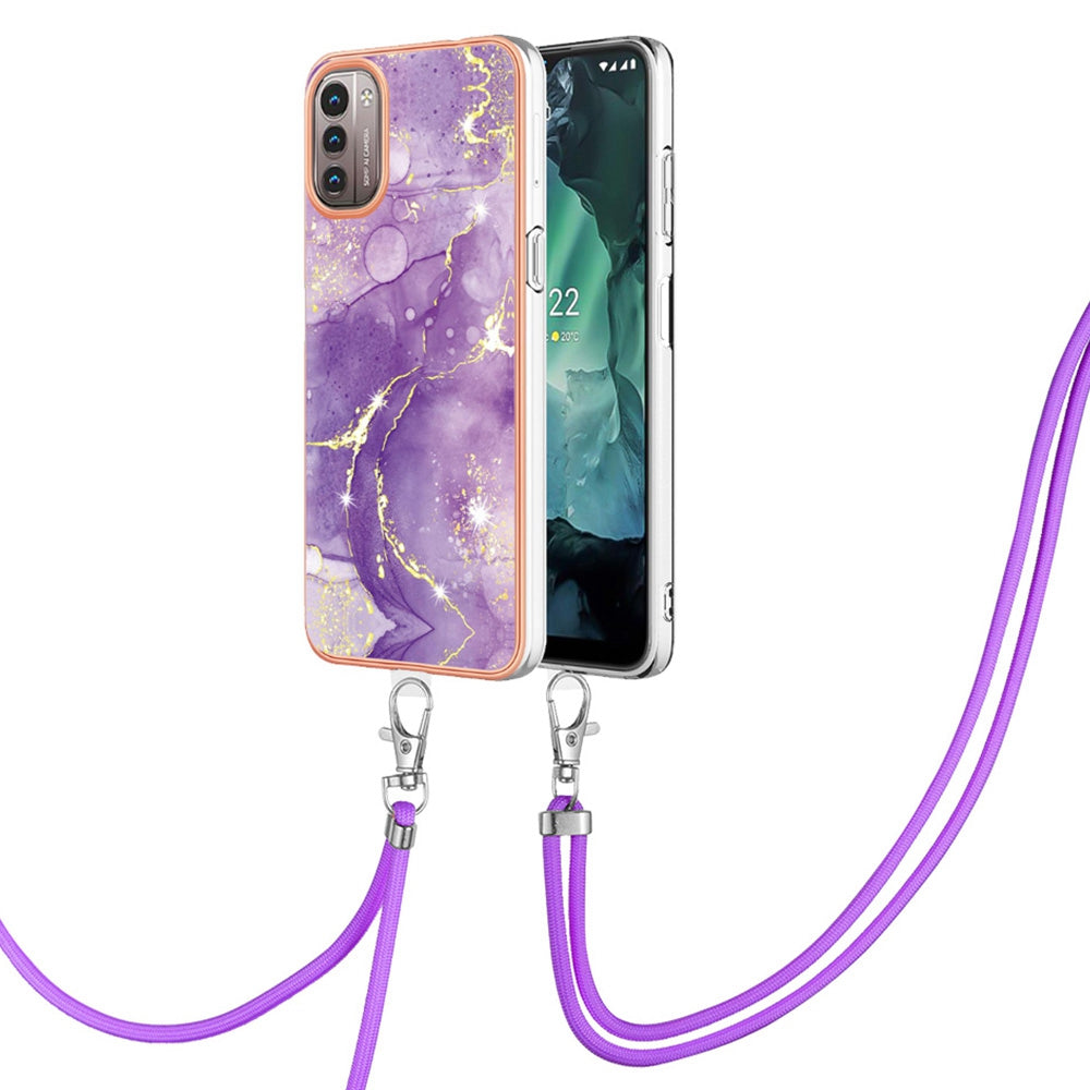 YB IMD Series-9 for Nokia G21/G11 IMD Marble Pattern TPU Case Electroplating Frame Mobile Phone Cover with Lanyard