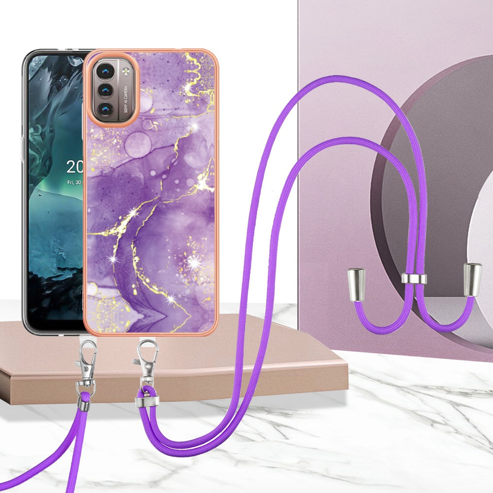 YB IMD Series-9 for Nokia G21/G11 IMD Marble Pattern TPU Case Electroplating Frame Mobile Phone Cover with Lanyard