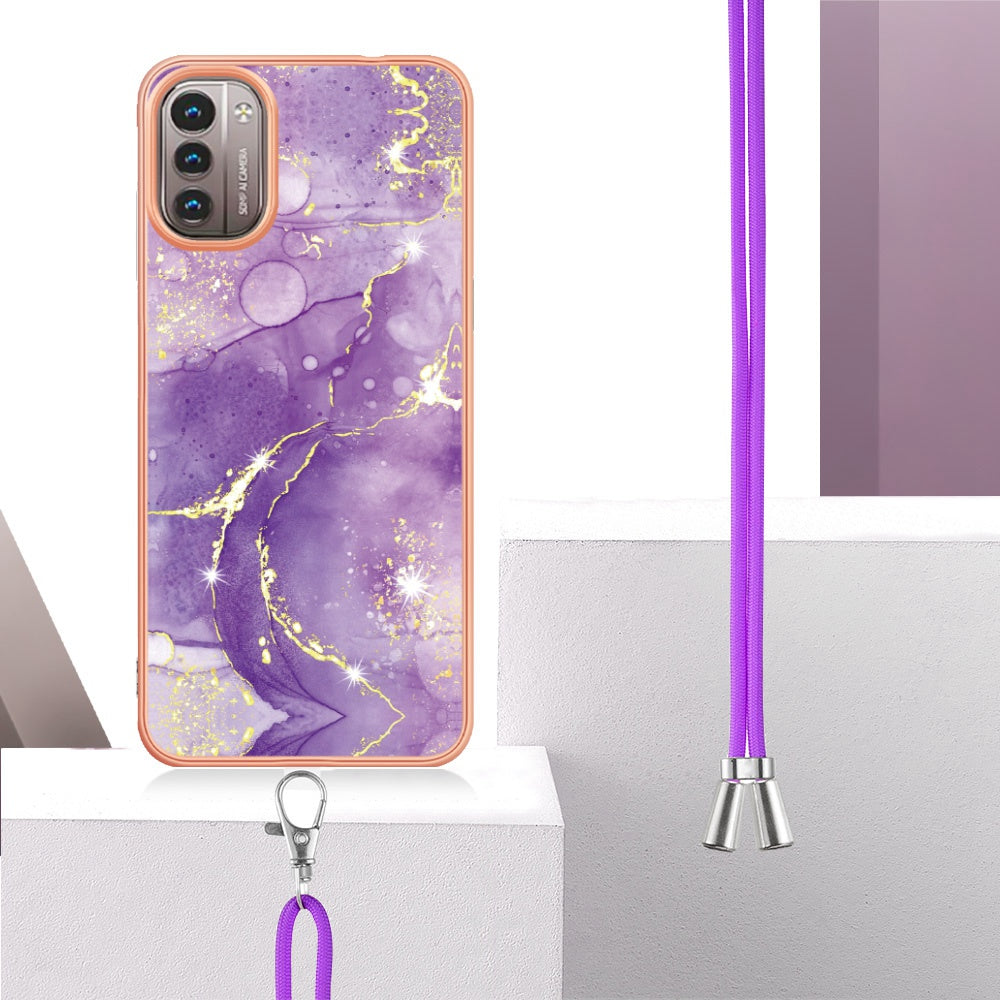 YB IMD Series-9 for Nokia G21/G11 IMD Marble Pattern TPU Case Electroplating Frame Mobile Phone Cover with Lanyard