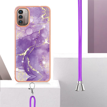 YB IMD Series-9 for Nokia G21/G11 IMD Marble Pattern TPU Case Electroplating Frame Mobile Phone Cover with Lanyard