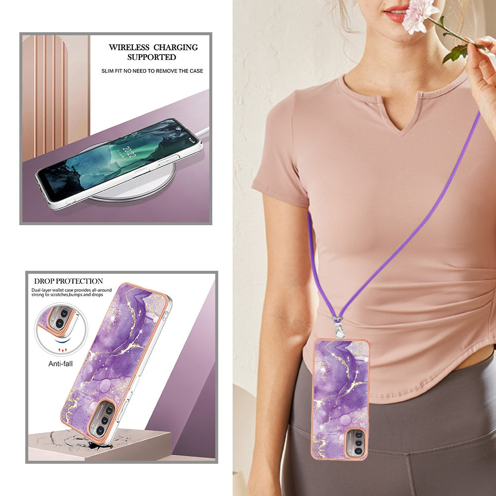 YB IMD Series-9 for Nokia G21/G11 IMD Marble Pattern TPU Case Electroplating Frame Mobile Phone Cover with Lanyard