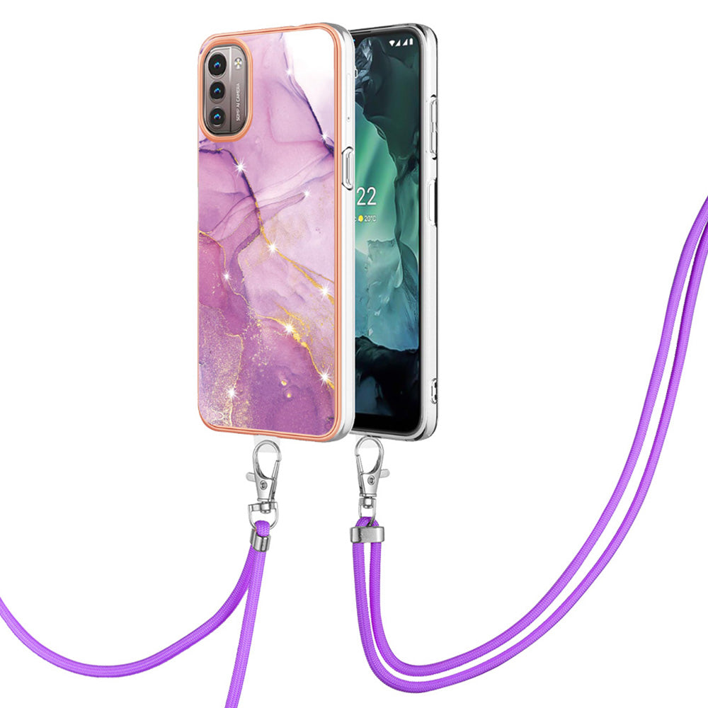 YB IMD Series-9 for Nokia G21/G11 IMD Marble Pattern TPU Case Electroplating Frame Mobile Phone Cover with Lanyard