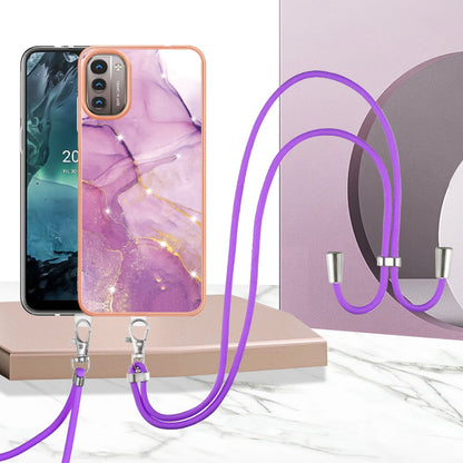 YB IMD Series-9 for Nokia G21/G11 IMD Marble Pattern TPU Case Electroplating Frame Mobile Phone Cover with Lanyard
