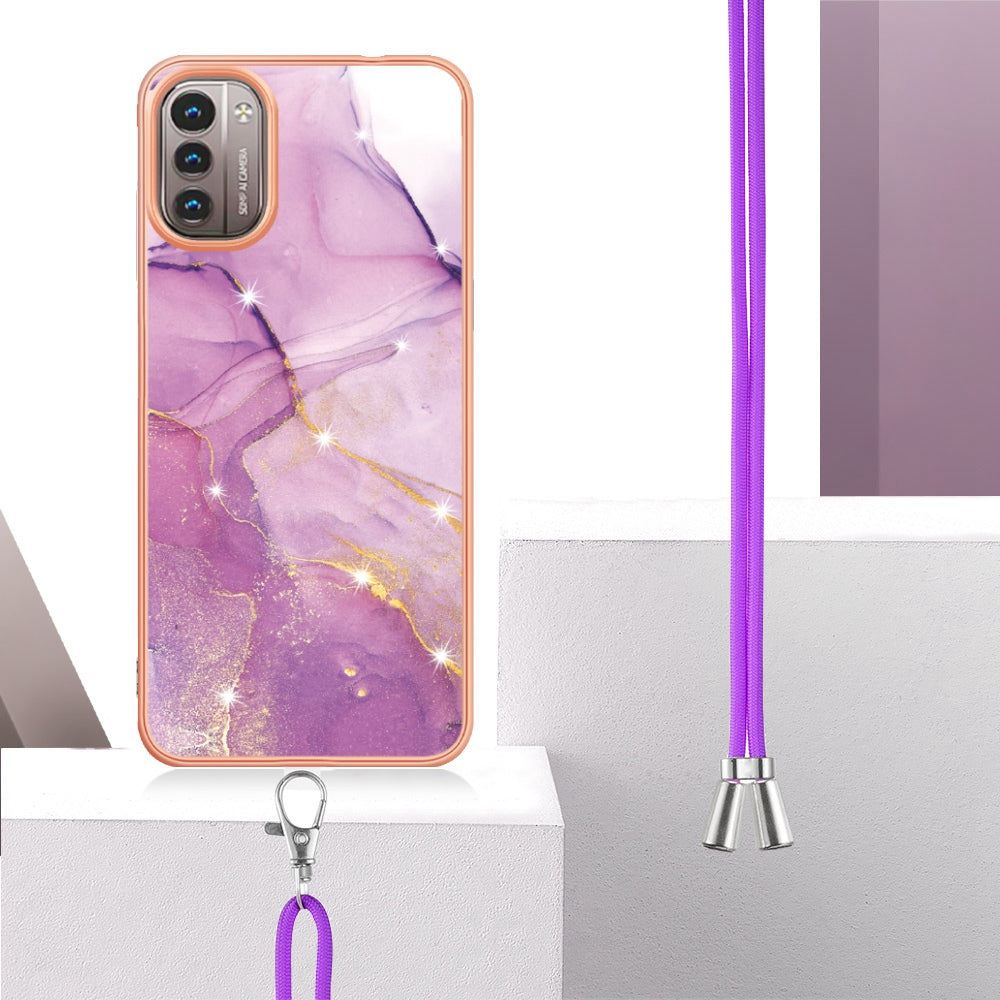 YB IMD Series-9 for Nokia G21/G11 IMD Marble Pattern TPU Case Electroplating Frame Mobile Phone Cover with Lanyard