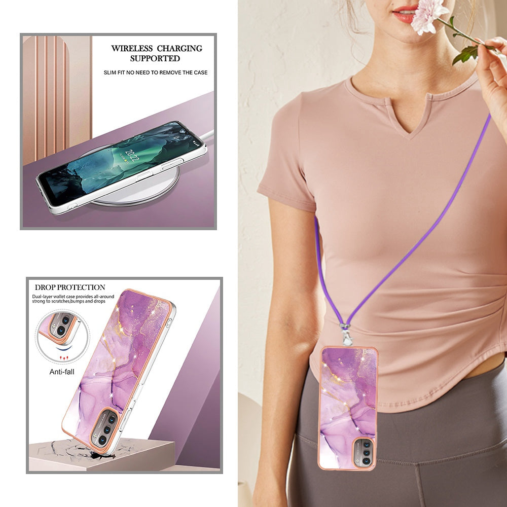 YB IMD Series-9 for Nokia G21/G11 IMD Marble Pattern TPU Case Electroplating Frame Mobile Phone Cover with Lanyard