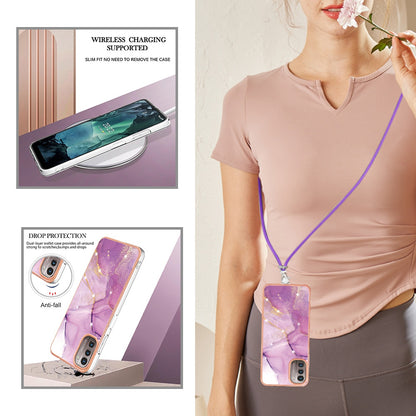 YB IMD Series-9 for Nokia G21/G11 IMD Marble Pattern TPU Case Electroplating Frame Mobile Phone Cover with Lanyard