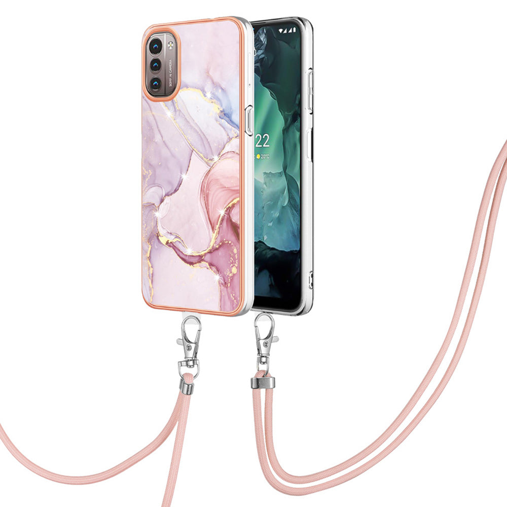 YB IMD Series-9 for Nokia G21/G11 IMD Marble Pattern TPU Case Electroplating Frame Mobile Phone Cover with Lanyard