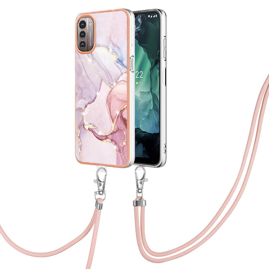 YB IMD Series-9 for Nokia G21/G11 IMD Marble Pattern TPU Case Electroplating Frame Mobile Phone Cover with Lanyard