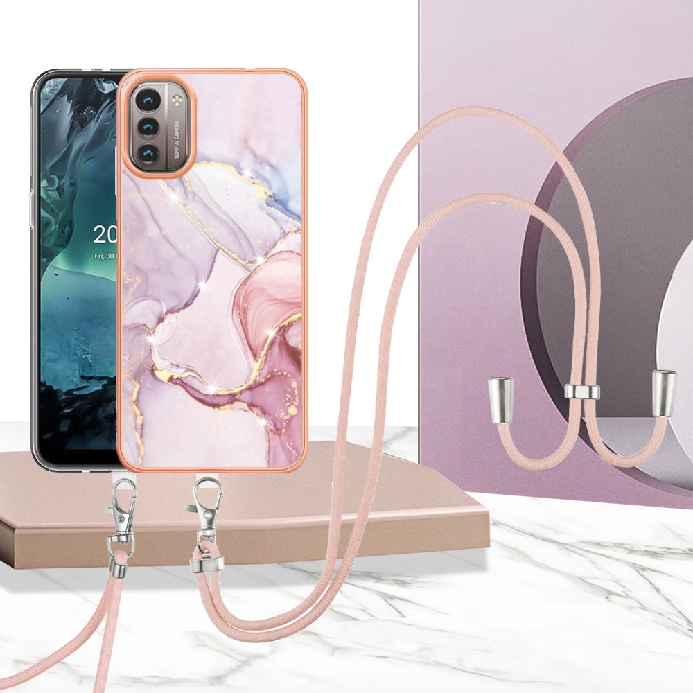 YB IMD Series-9 for Nokia G21/G11 IMD Marble Pattern TPU Case Electroplating Frame Mobile Phone Cover with Lanyard