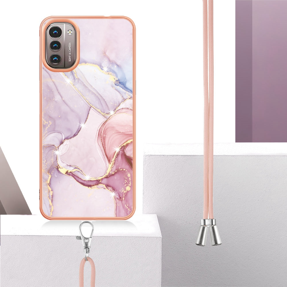 YB IMD Series-9 for Nokia G21/G11 IMD Marble Pattern TPU Case Electroplating Frame Mobile Phone Cover with Lanyard