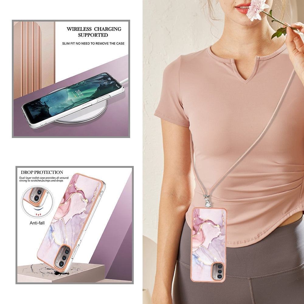 YB IMD Series-9 for Nokia G21/G11 IMD Marble Pattern TPU Case Electroplating Frame Mobile Phone Cover with Lanyard