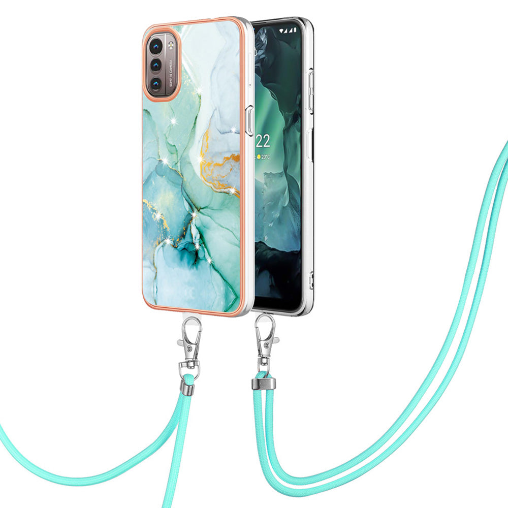 YB IMD Series-9 for Nokia G21/G11 IMD Marble Pattern TPU Case Electroplating Frame Mobile Phone Cover with Lanyard