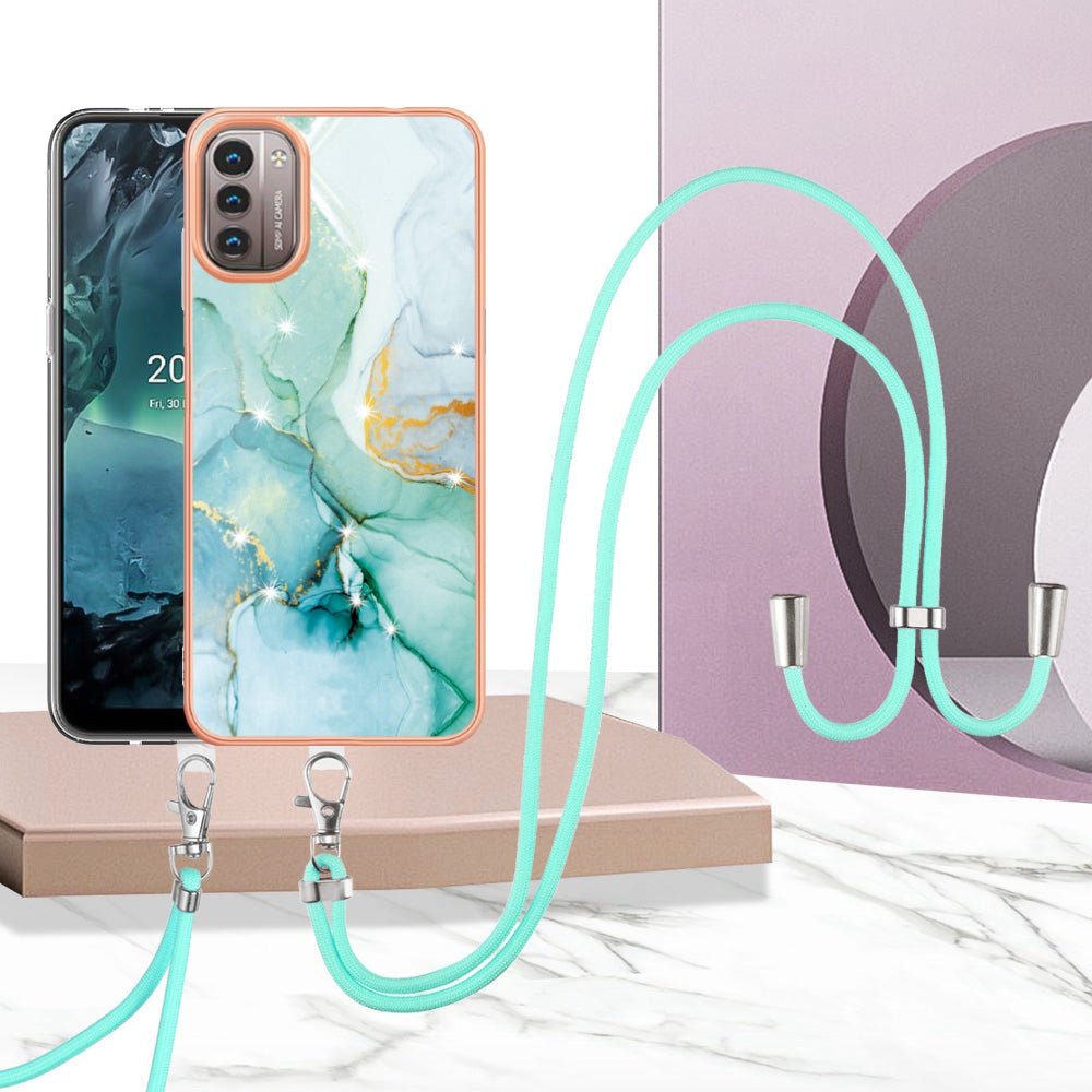 YB IMD Series-9 for Nokia G21/G11 IMD Marble Pattern TPU Case Electroplating Frame Mobile Phone Cover with Lanyard