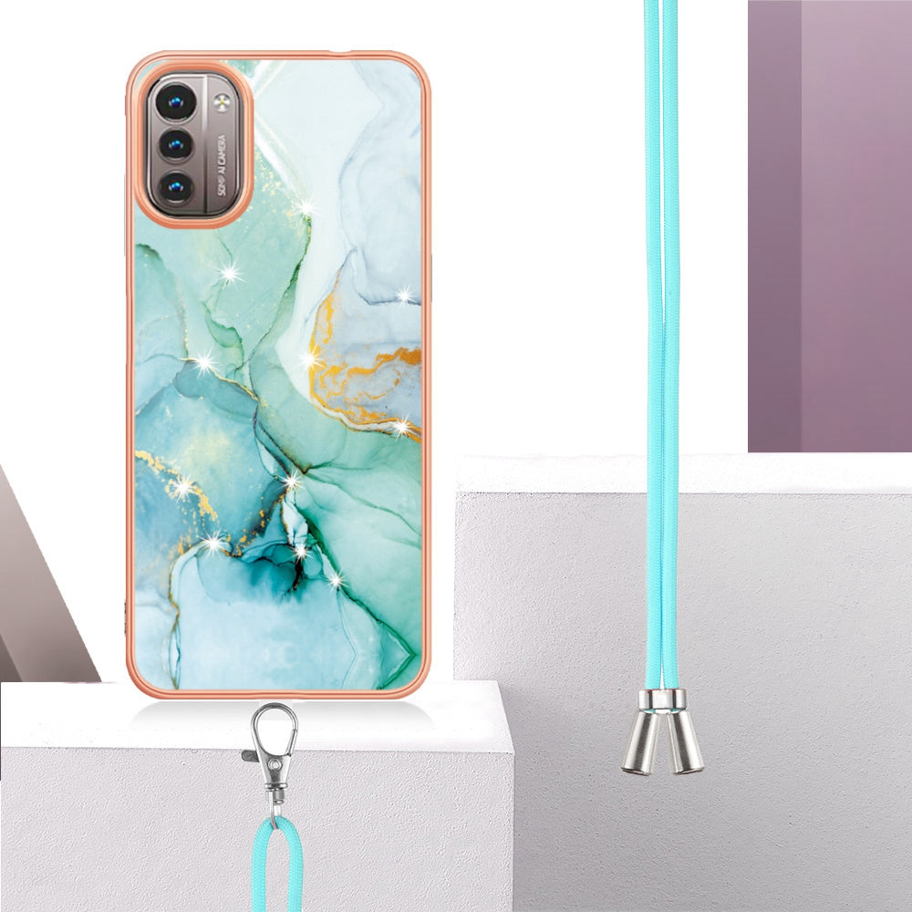 YB IMD Series-9 for Nokia G21/G11 IMD Marble Pattern TPU Case Electroplating Frame Mobile Phone Cover with Lanyard