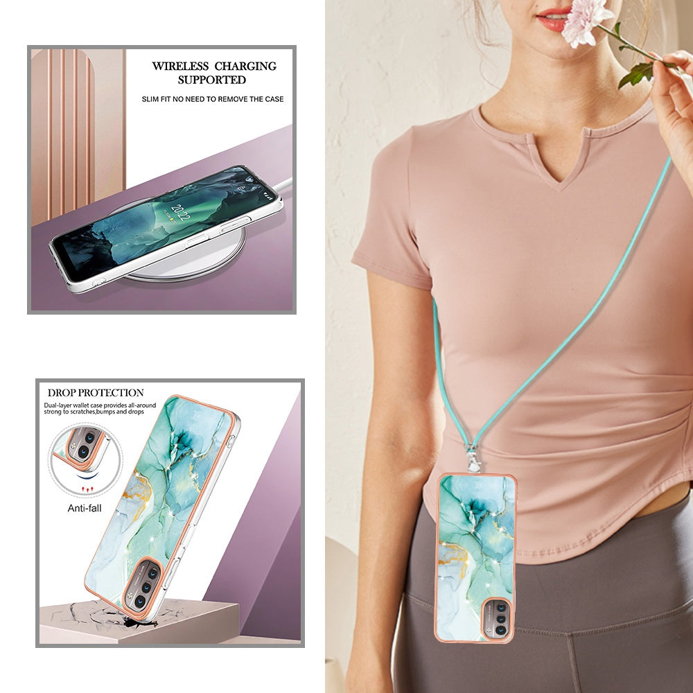 YB IMD Series-9 for Nokia G21/G11 IMD Marble Pattern TPU Case Electroplating Frame Mobile Phone Cover with Lanyard