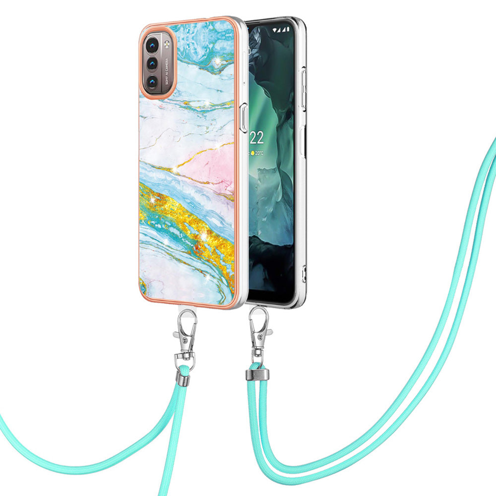 YB IMD Series-9 for Nokia G21/G11 IMD Marble Pattern TPU Case Electroplating Frame Mobile Phone Cover with Lanyard