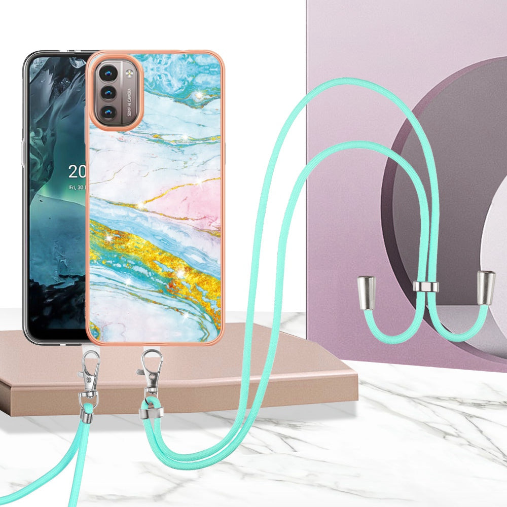YB IMD Series-9 for Nokia G21/G11 IMD Marble Pattern TPU Case Electroplating Frame Mobile Phone Cover with Lanyard