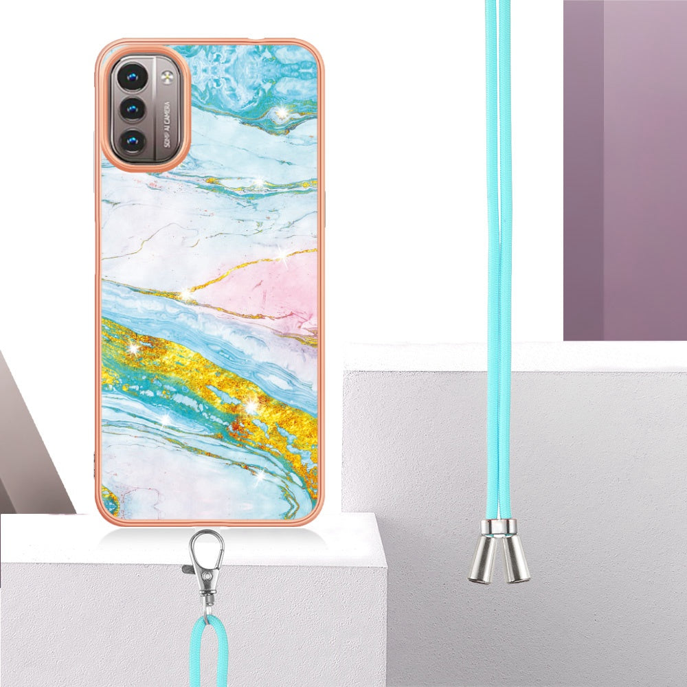 YB IMD Series-9 for Nokia G21/G11 IMD Marble Pattern TPU Case Electroplating Frame Mobile Phone Cover with Lanyard