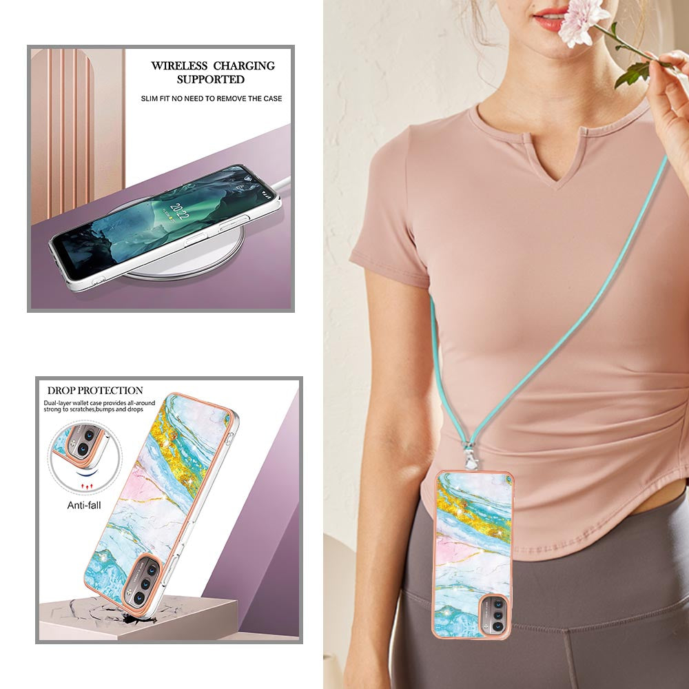 YB IMD Series-9 for Nokia G21/G11 IMD Marble Pattern TPU Case Electroplating Frame Mobile Phone Cover with Lanyard