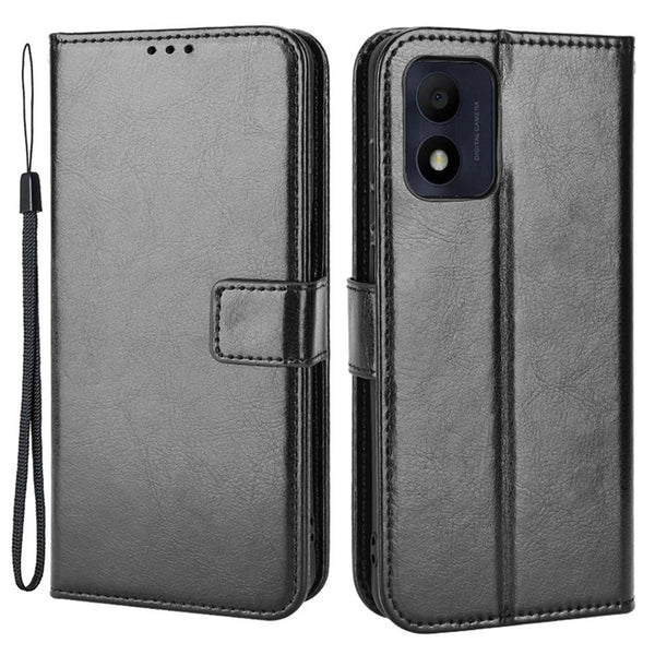 For TCL 303/Alcatel 1B (2022) Protective Phone Case Crazy Horse Texture PU Leather Shockproof Magnetic Stand Cover with Strap
