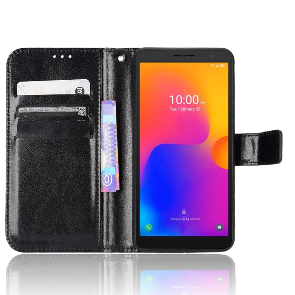 For TCL 303/Alcatel 1B (2022) Protective Phone Case Crazy Horse Texture PU Leather Shockproof Magnetic Stand Cover with Strap