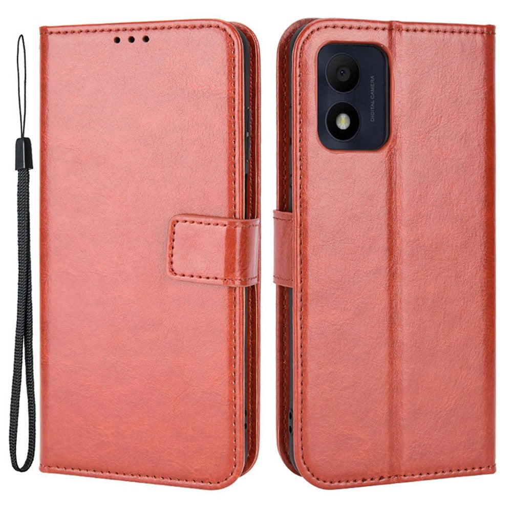For TCL 303/Alcatel 1B (2022) Protective Phone Case Crazy Horse Texture PU Leather Shockproof Magnetic Stand Cover with Strap