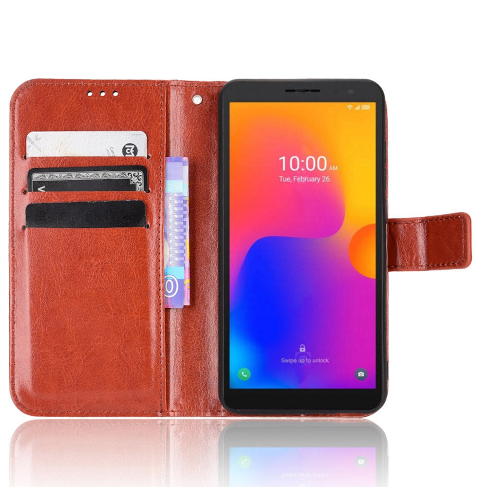 For TCL 303/Alcatel 1B (2022) Protective Phone Case Crazy Horse Texture PU Leather Shockproof Magnetic Stand Cover with Strap
