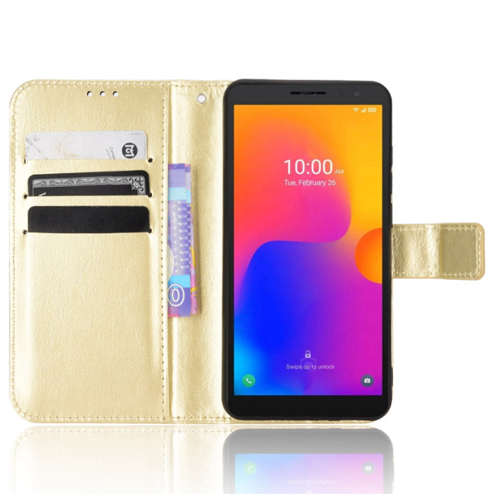 For TCL 303/Alcatel 1B (2022) Protective Phone Case Crazy Horse Texture PU Leather Shockproof Magnetic Stand Cover with Strap
