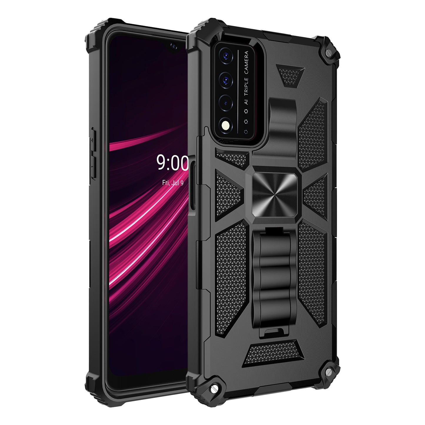 Military Grade Car Mount Kickstand Hybrid Hard PC Soft TPU Shockproof Protective Case for T-Mobile REVVL V+ 5G