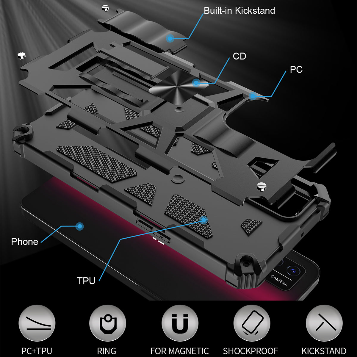 Military Grade Car Mount Kickstand Hybrid Hard PC Soft TPU Shockproof Protective Case for T-Mobile REVVL V+ 5G