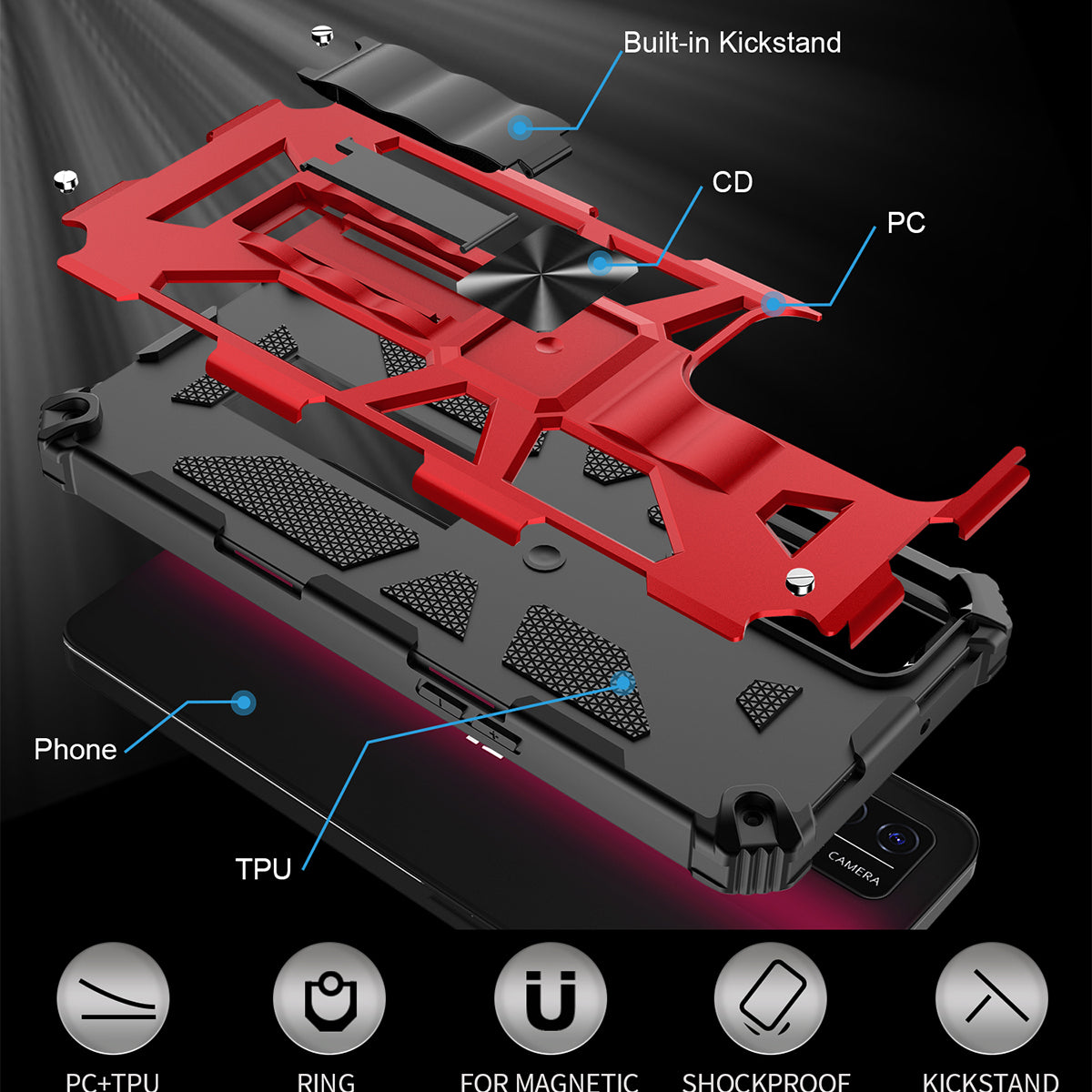 Military Grade Car Mount Kickstand Hybrid Hard PC Soft TPU Shockproof Protective Case for T-Mobile REVVL V+ 5G