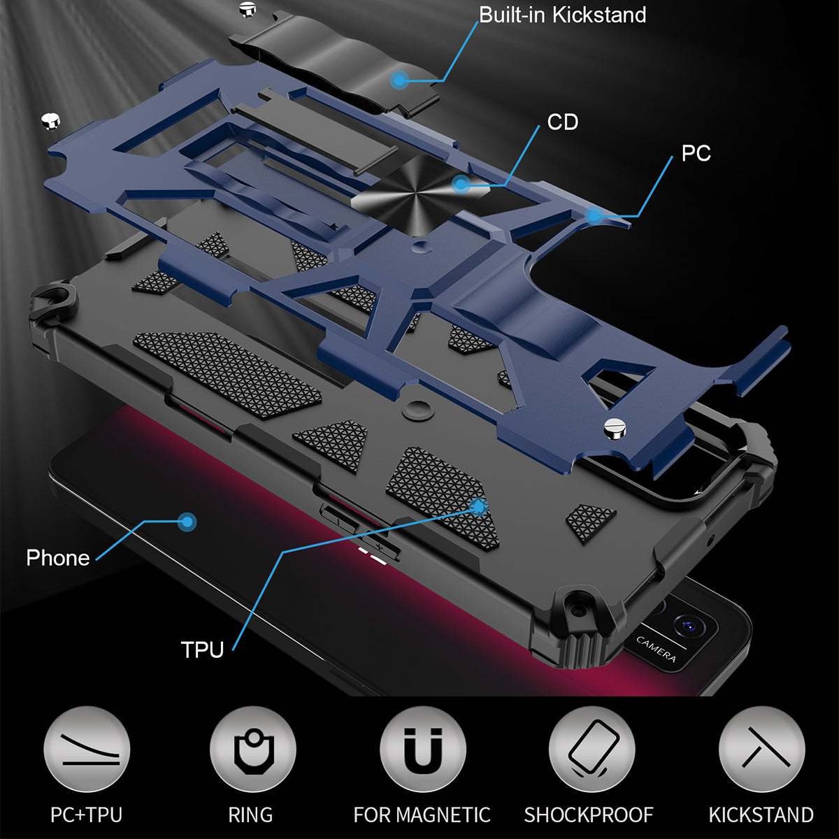 Military Grade Car Mount Kickstand Hybrid Hard PC Soft TPU Shockproof Protective Case for T-Mobile REVVL V+ 5G