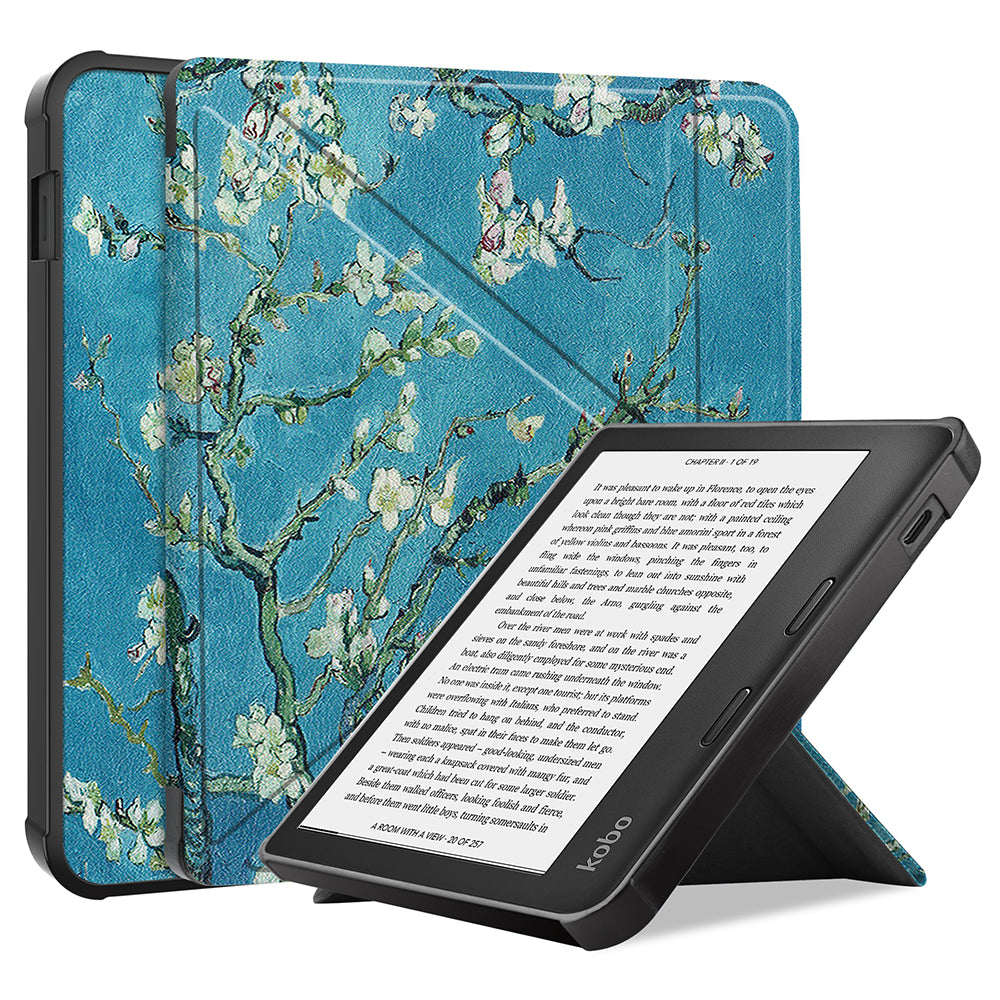 Pattern Printing Origami Stand PU Leather Case E-reader Protective Cover with Auto Wake/Sleep for Kobo Libra 2