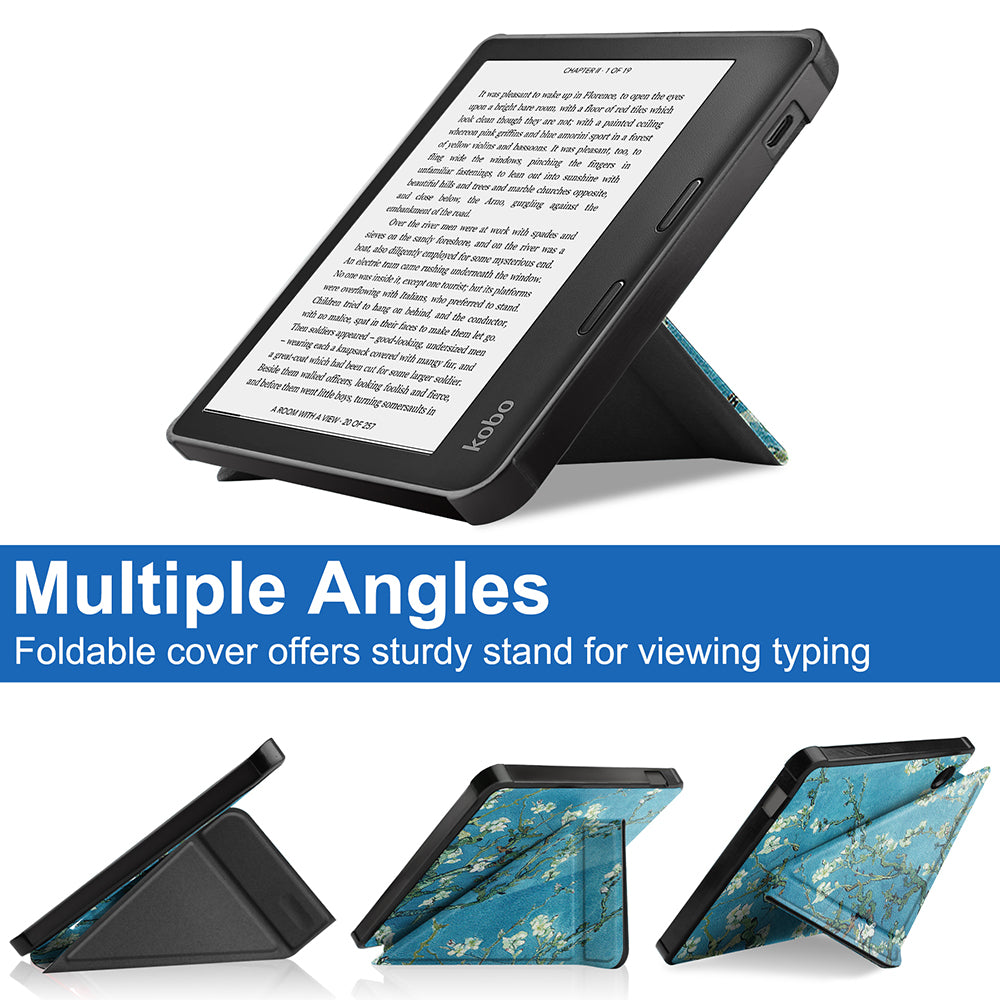 Pattern Printing Origami Stand PU Leather Case E-reader Protective Cover with Auto Wake/Sleep for Kobo Libra 2