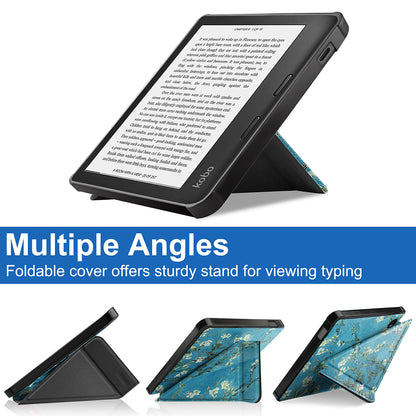 Pattern Printing Origami Stand PU Leather Case E-reader Protective Cover with Auto Wake/Sleep for Kobo Libra 2