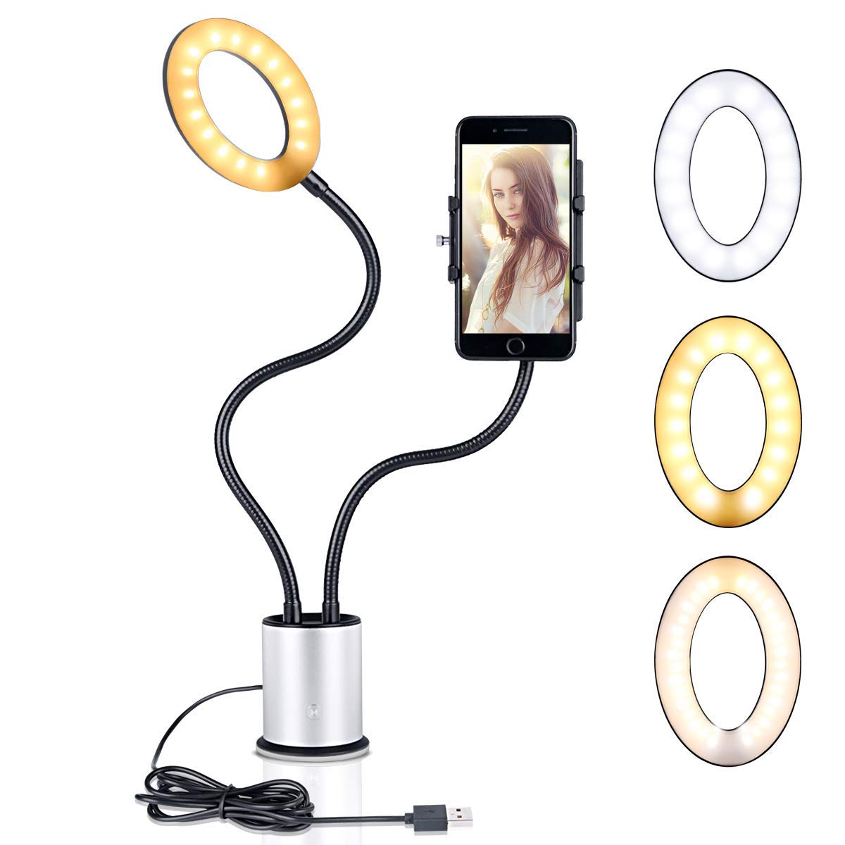 Dimmable Desktop LED Selfie Ring Light with Cell Phone Holder 3 Color Modes