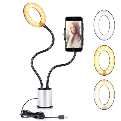 Dimmable Desktop LED Selfie Ring Light with Cell Phone Holder 3 Color Modes