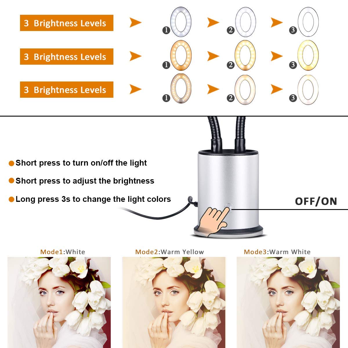 Dimmable Desktop LED Selfie Ring Light with Cell Phone Holder 3 Color Modes