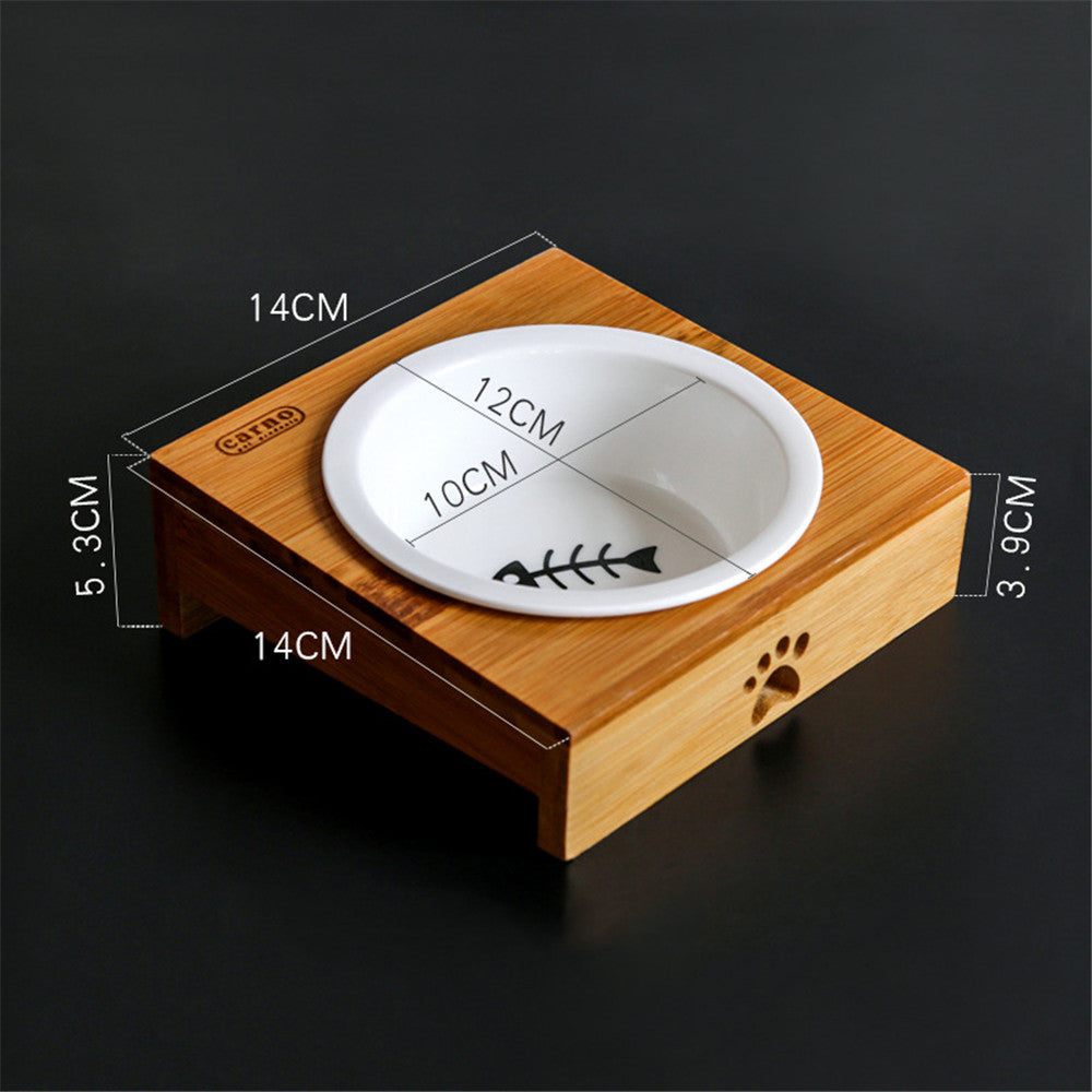 Round Ceramic Pet Feeding Bowl with Wooden Frame for Cat Dog Food Water