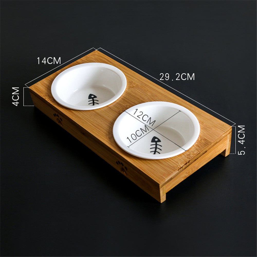 Round Ceramic Pet Feeding Bowl with Wooden Frame for Cat Dog Food Water