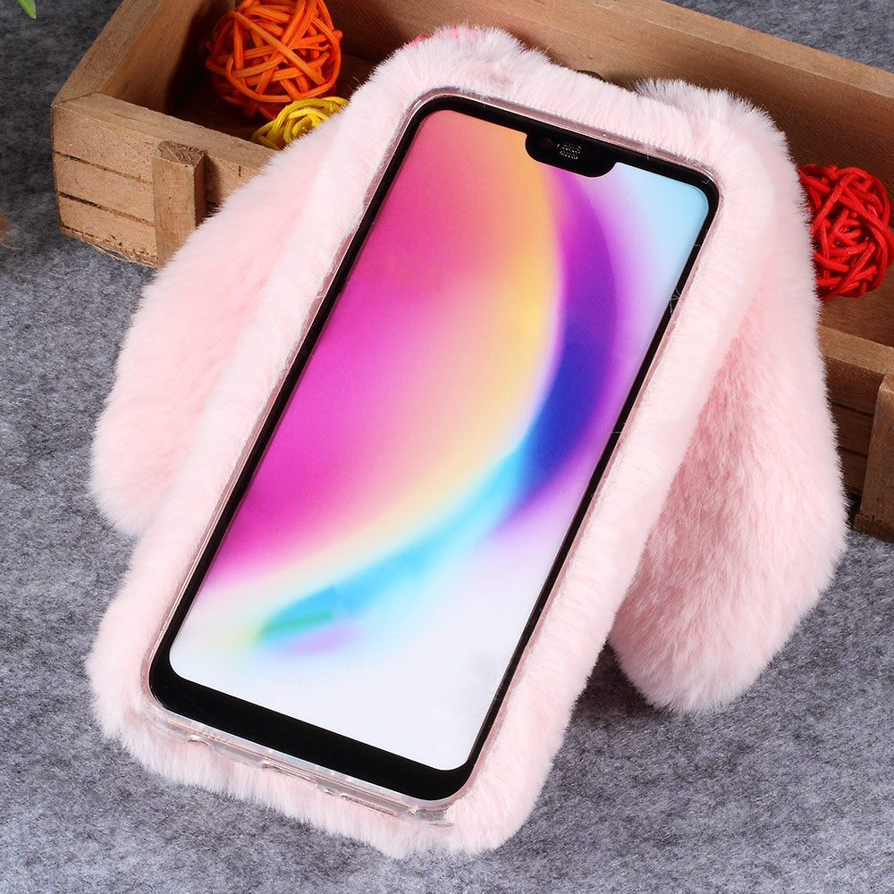 For Huawei P20 Lite / Nova 3e (China) Rabbit Shape Fluffy Fur Coated Rhinestone TPU Protective Mobile Shell