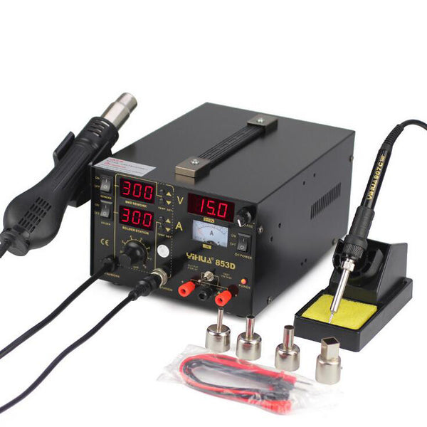 YIHUA 853D LED Soldering Rework Station + Hot Air Gun + 15V/1A Power Supply 3-in-1 Welding Tool