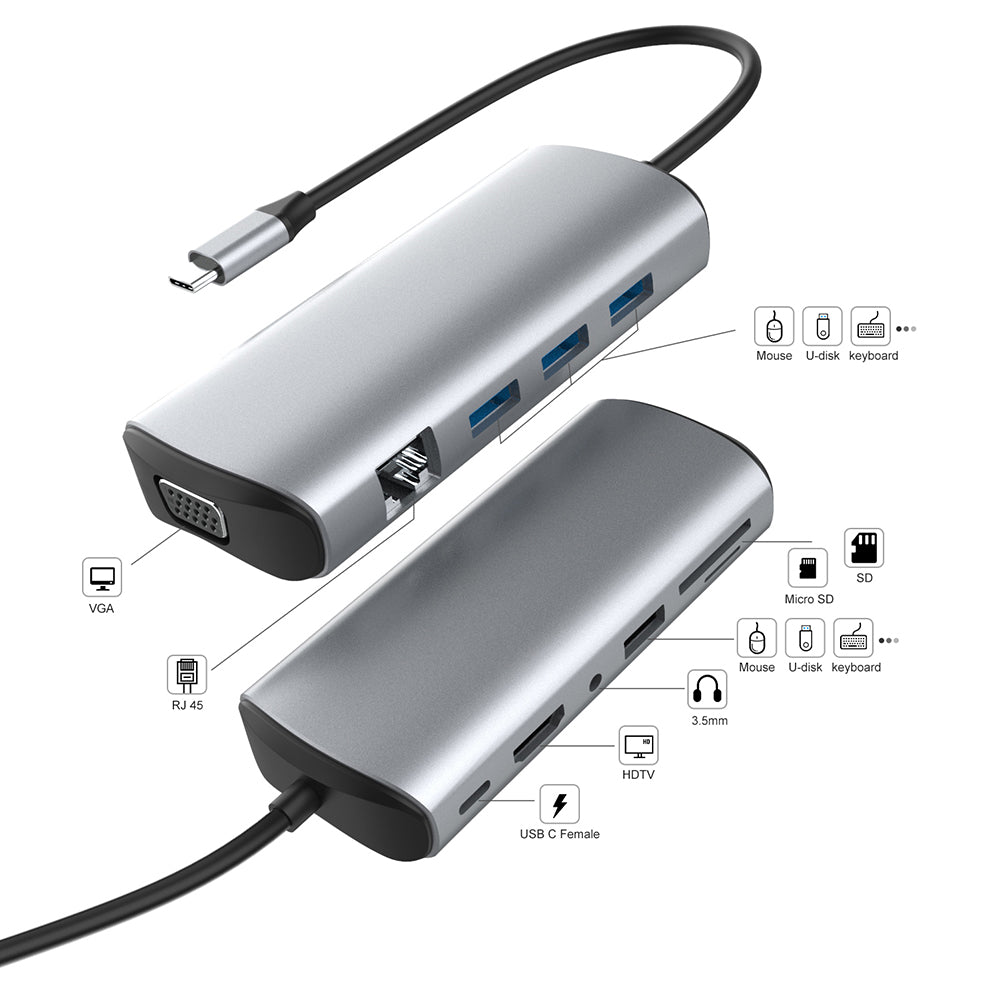 11-in-1 4K Type C Hub Adapter USB 3.0 RJ45 SD/TF Card Reader Docking Station
