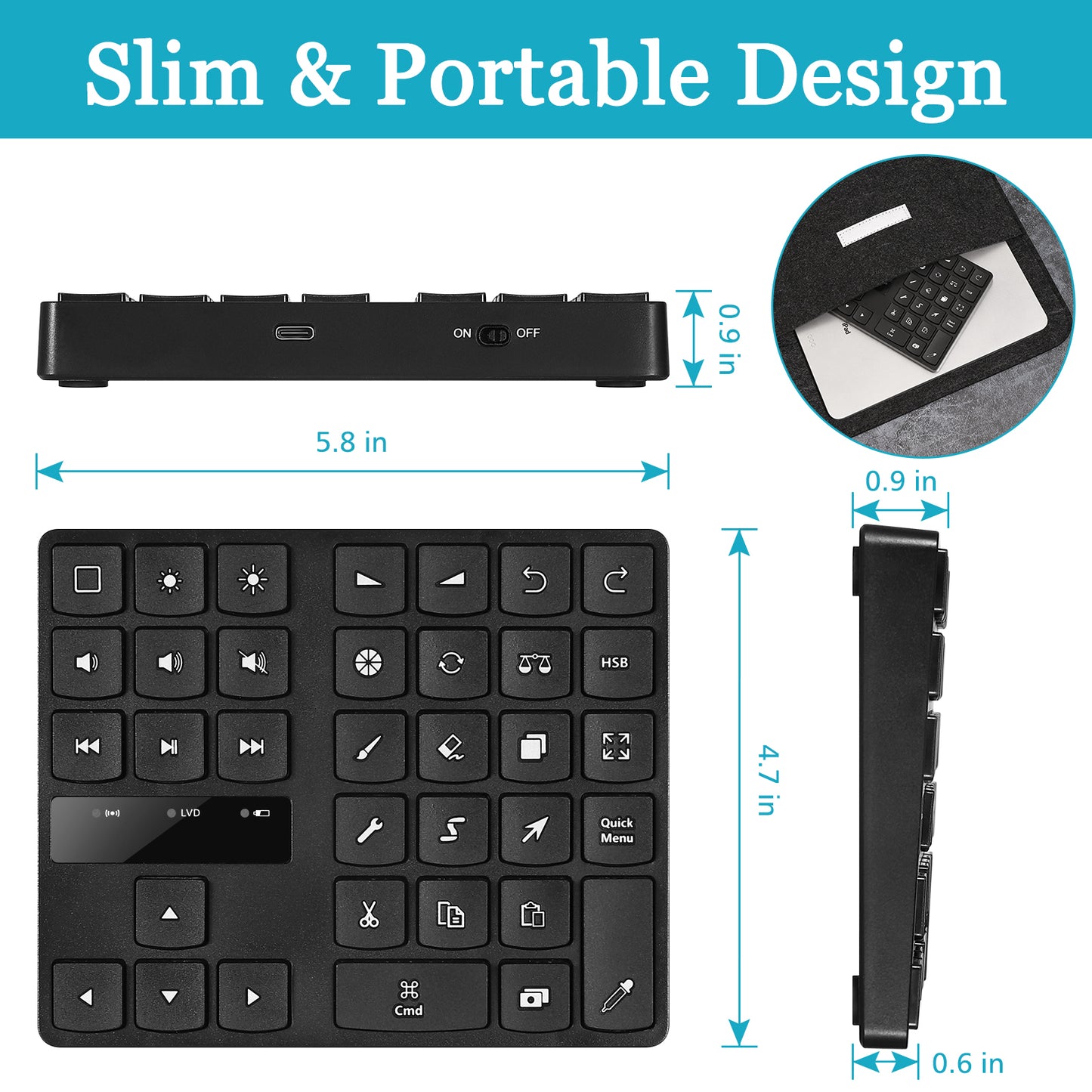 MC-533 Portable Slim Bluetooth Keypad for iPad Procreate APP, 35-Keys Drawing Keyboard One Hand Control Drawing Graphics Tablet Accessories for iOS, macOS