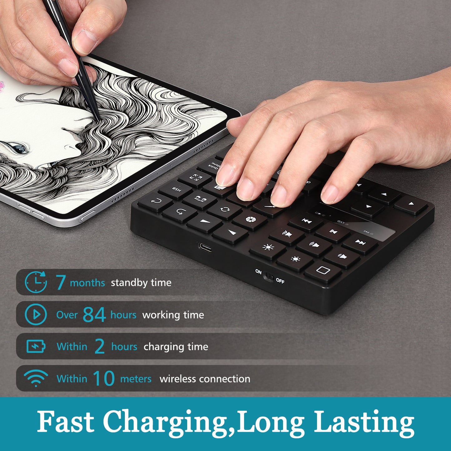 MC-533 Portable Slim Bluetooth Keypad for iPad Procreate APP, 35-Keys Drawing Keyboard One Hand Control Drawing Graphics Tablet Accessories for iOS, macOS
