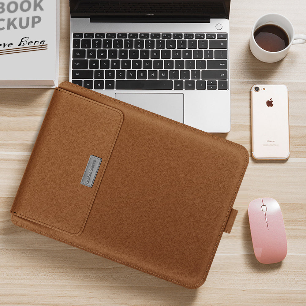 13-inch Stand Leather Laptop Bag Sleeve with Cable Organizer + Power Adapter Pouch + Mouse Bag