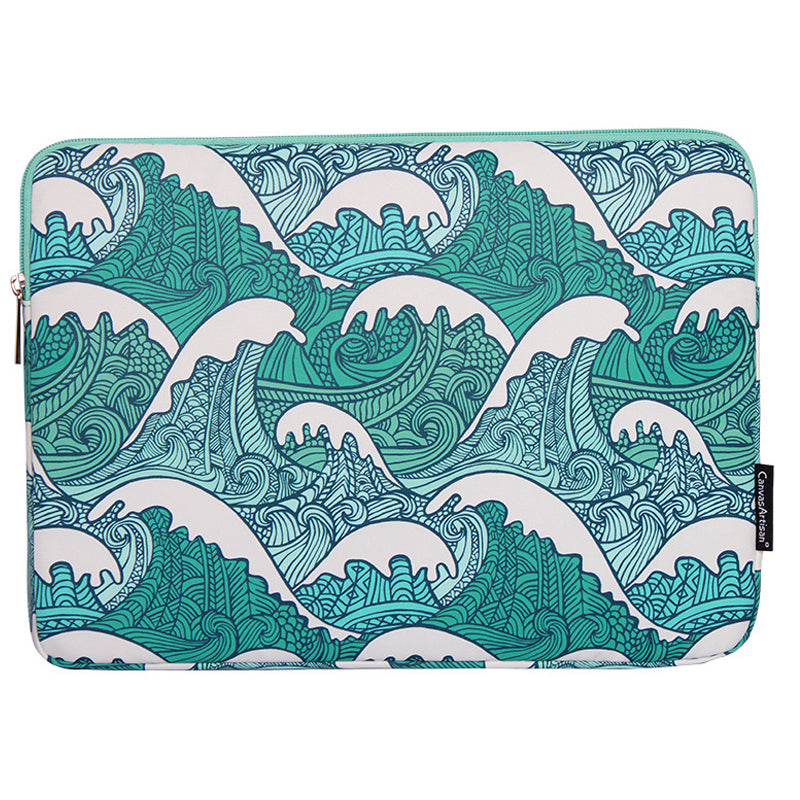 CANVASARTISAN H3-04 14-inch Laptop Sleeve, Green Wave Pattern Lightweight Notebook Computer Bag