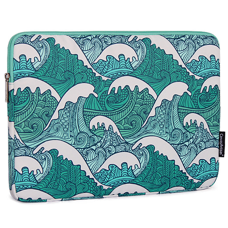 CANVASARTISAN H3-04 14-inch Laptop Sleeve, Green Wave Pattern Lightweight Notebook Computer Bag